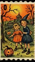 süß Porto Briefmarke retro Jahrgang 1930er Jahre Halloween Kürbis Farbe Illustration Scan Poster foto