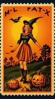 Hexe Frau süß Porto Briefmarke retro Jahrgang 1930er Jahre Halloween Kürbis Illustration Scan Poster foto