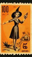 Hexe Frau süß Porto Briefmarke retro Jahrgang 1930er Jahre Halloween Kürbis Illustration Scan Poster foto