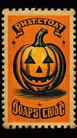 lächelnd Kürbis süß Porto Briefmarke retro Jahrgang 1930er Jahre Halloween Farbe Illustration Scan Poster foto