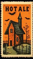 Schloss Haus Fledermäuse Mond süß Porto Briefmarke retro Jahrgang 1930er Jahre Halloween Illustration Scan Poster foto