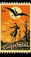 Hexe Frau süß Porto Briefmarke retro Jahrgang 1930er Jahre Halloween Kürbis Illustration Scan Poster foto