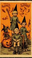 Kinder Kinder süß Porto Briefmarke retro Jahrgang 1930er Jahre Halloween Kürbis Illustration Scan Poster foto