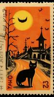 schwarz Katze Hut süß Porto Briefmarke retro Jahrgang 1930er Jahre Halloween Kürbis Illustration Scan Poster foto