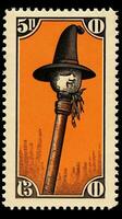 Hut Deckel Besen süß Porto Briefmarke retro Jahrgang 1930er Jahre Halloween Kürbis Illustration Scan Poster foto