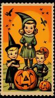 Kinder Kinder süß Porto Briefmarke retro Jahrgang 1930er Jahre Halloween Kürbis Illustration Scan Poster foto