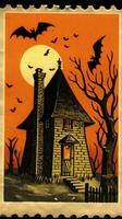 Schloss Haus Fledermäuse Mond süß Porto Briefmarke retro Jahrgang 1930er Jahre Halloween Illustration Scan Poster foto