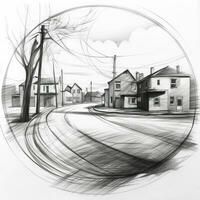 Land Seite Kreide Bleistift Landschaft skizzieren Gekritzel realistisch einfach Poster runden Kunst Hand gezeichnet foto