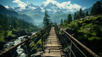 Brücke Berge Nebel launisch friedlich Landschaft Freiheit Szene schön Natur Hintergrund Foto