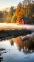 fallen Bauernhaus See Sonnenuntergang friedlich Landschaft Freiheit Szene schön Natur Hintergrund Foto