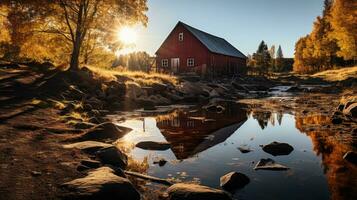 fallen Bauernhaus See Sonnenuntergang friedlich Landschaft Freiheit Szene schön Natur Hintergrund Foto