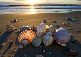 Welle Sonnenaufgang Muscheln Sand Paradies friedlich Landschaft Freiheit Szene schön Hintergrund Foto