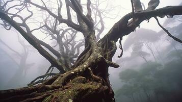 groß Baum Nebel launisch Regen friedlich Landschaft Freiheit Szene schön Natur Hintergrund Foto