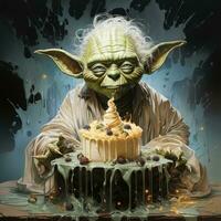 Kuchen Baby yoda wütend wütend Porträt ausdrucksvoll Illustration Kunstwerk Öl gemalt skizzieren tätowieren foto