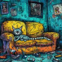 verrückt Katze Kitty wütend wütend Porträt ausdrucksvoll Illustration Kunstwerk Öl gemalt skizzieren tätowieren foto