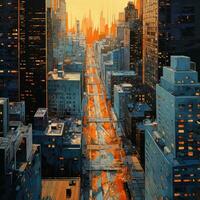 Neu York Hand zeichnen Gemälde Kunstwerk Grafik Öl Landschaft Indigo Orange Poster Landschaft Sonnenuntergang foto