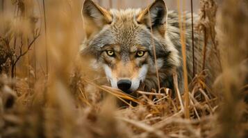 Wolf versteckt Raubtier Fotografie Gras National geografisch Stil 35mm Dokumentarfilm Hintergrund foto