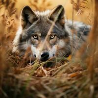 Wolf versteckt Raubtier Fotografie Gras National geografisch Stil 35mm Dokumentarfilm Hintergrund foto
