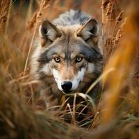 Wolf versteckt Raubtier Fotografie Gras National geografisch Stil 35mm Dokumentarfilm Hintergrund foto