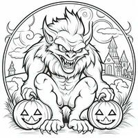 Werwolf einfach Kinder Färbung Seite Halloween süß Weiß Hintergrund Buch isoliert Fett gedruckt unheimlich foto