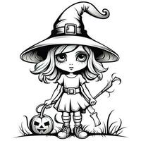 Hexe Mädchen einfach Kinder Färbung Seite Halloween süß Weiß Hintergrund Buch isoliert Fett gedruckt unheimlich foto