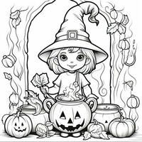 Hexe Kessel einfach Kinder Färbung Seite Halloween süß Weiß Hintergrund Buch isoliert Fett gedruckt foto