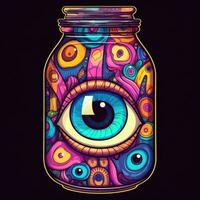 Flasche können Krug Augen Monster- Neon- Symbol Logo Halloween unheimlich Illustration tätowieren isoliert Vektor foto