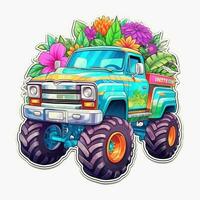 LKW Jeep bunt tropisch Spritzen T-Shirt Design tätowieren Aufkleber Clip Art Welle Miami Parasit foto