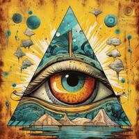 surreal abstrakt Auge Dreieck Pyramide Magie Mason tätowieren Gelb Illustration Kunstwerk Poster foto