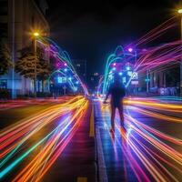 Herz beleuchtet Licht Gemälde einfrieren Foto lange Exposition Rosa Straße Stadt Neon- romantisch