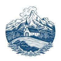 Haus Mühle Abzeichen Emblem Logo Vektor eben Etikette Symbol Silhouette Blau Berge Clip Art foto