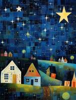 Illustration Kinder Buch Nacht Landschaft Sterne Dorf Mond Fantasie Poster Karikatur Kunstwerk foto