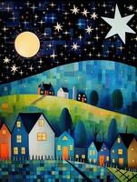 Illustration Kinder Buch Nacht Landschaft Sterne Dorf Mond Fantasie Poster Karikatur Kunstwerk foto