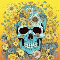 Schädel Blumen Geheimnis Illustration Gelb gespenstisch abstrakt Poster surreal verträumt Kunst tätowieren foto