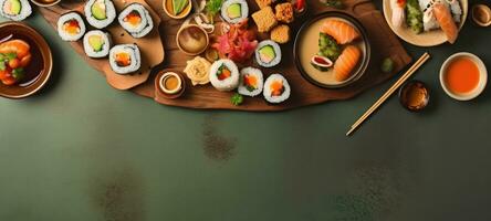 Sushi Rollen Banner kostenlos Raum Text Attrappe, Lehrmodell, Simulation schnell Essen oben Aussicht leeren Fachmann Phonographie foto