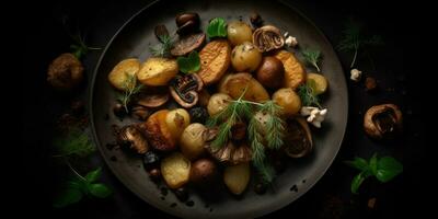 gebraten Kartoffeln Pilze Fachmann Studio Essen Fotografie Sozial Medien Stoff heiß modern Anzeige foto