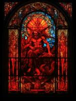 Teufel Satan böse befleckt Glas Fenster Mosaik religiös Collage Kunstwerk retro Jahrgang Religion foto