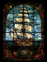 Schiff Meer befleckt Glas Fenster Mosaik religiös Collage Kunstwerk retro Jahrgang texturiert Religion foto