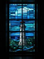 Leuchtturm Meer befleckt Glas Fenster Mosaik religiös Collage Kunstwerk retro Jahrgang texturiert Religion foto