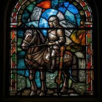 Ritter Pferd Schwert befleckt Glas Fenster Mosaik religiös Collage Kunstwerk retro Jahrgang texturiert foto