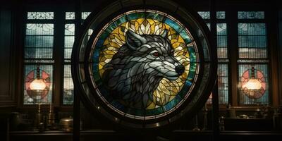 Wolf befleckt Glas Fenster Mosaik religiös Collage Kunstwerk retro Jahrgang texturiert Religion foto