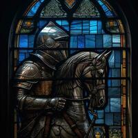 Ritter Pferd Schwert befleckt Glas Fenster Mosaik religiös Collage Kunstwerk retro Jahrgang texturiert foto