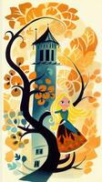 Rapunzel Märchen Charakter Karikatur Illustration Fantasie süß Zeichnung Buch Kunst Poster Grafik foto