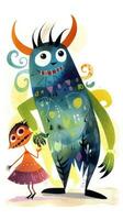 lächelnd Monster- Märchen Charakter Karikatur Illustration Fantasie süß Zeichnung Buch Kunst Grafik foto