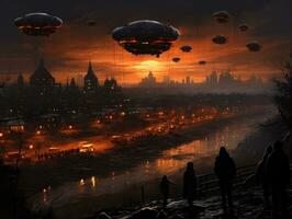 Nacht Stadt futuristisch Straße Landschaft Stadt Mystiker Poster Außerirdischer Steampunk Hintergrund Fantastisch foto