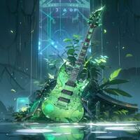 Bass Gitarre Kristalle Anime futuristisch Illustration mystisch Fantasie Kunst glühend Digital foto