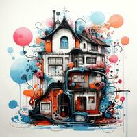 Haus Gebäude Schloss Villa spielerisch Illustration skizzieren Collage ausdrucksvoll Kunstwerk Clip Art Gemälde foto