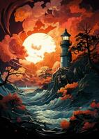Leuchtturm Sturm Licht Mond führen Star Fantasie Geheimnis Tarot Illustration Kunst tätowieren Poster foto