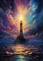 Leuchtturm Sturm Licht Mond führen Star Fantasie Geheimnis Tarot Illustration Kunst tätowieren Poster foto