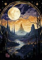 Mond Landschaft verträumt Fantasie Geheimnis Tarot Illustration Kunst tätowieren Poster Karte Nacht foto